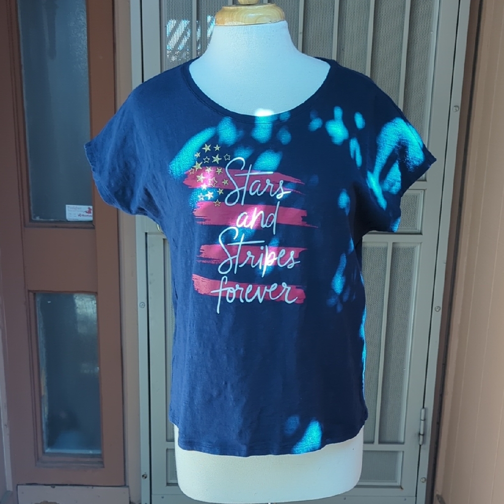 Chico's Navy Graphic Tee with Red and White Accents